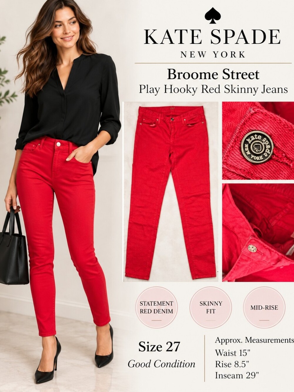 Kate Spade Broome Street Play Hooky Red Skinny Jeans Size 27